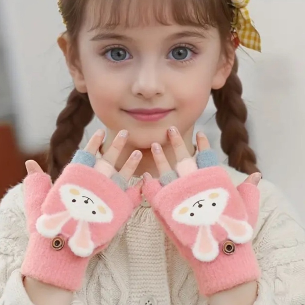 Girl bunny pink fingerless gloves and mitten- 2 in 1 gloves